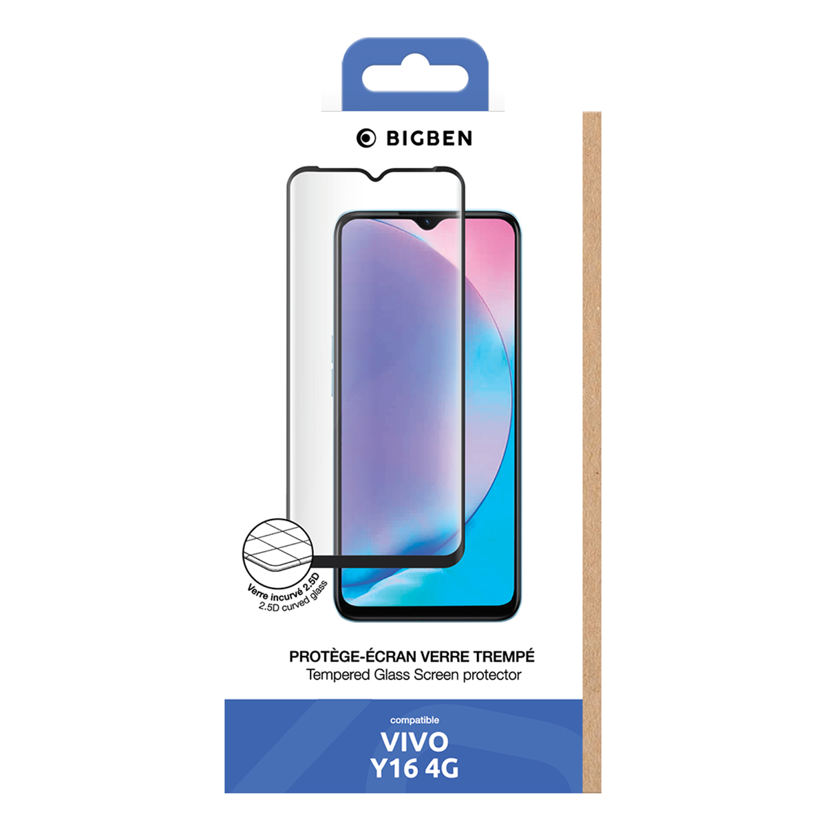 Boîte avec un protecteur d'écran pour un téléphone Vivo Y16 4G. Le protecteur est transparent, le téléphone a un écran coloré.