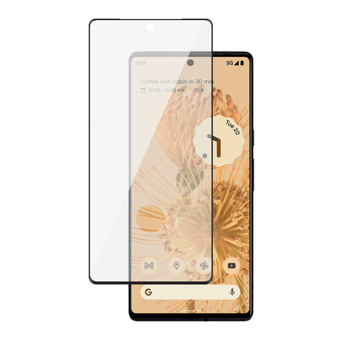 Smartphone con protezione schermo. Lo schermo mostra ora e info. Vetro trasparente sullo schermo.