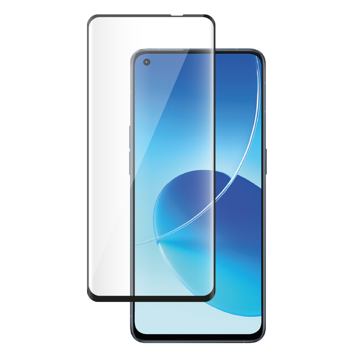 Un protecteur d'écran transparent sur un smartphone. Le téléphone a un écran dégradé bleu et blanc.