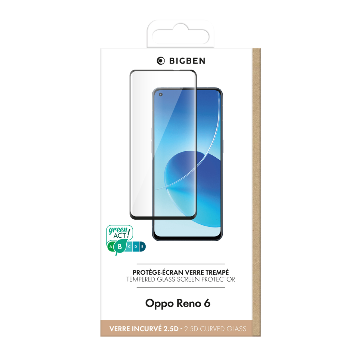 Boîte avec un protecteur d'écran pour un téléphone Oppo Reno 6. Le protecteur est transparent, le téléphone a un écran coloré.