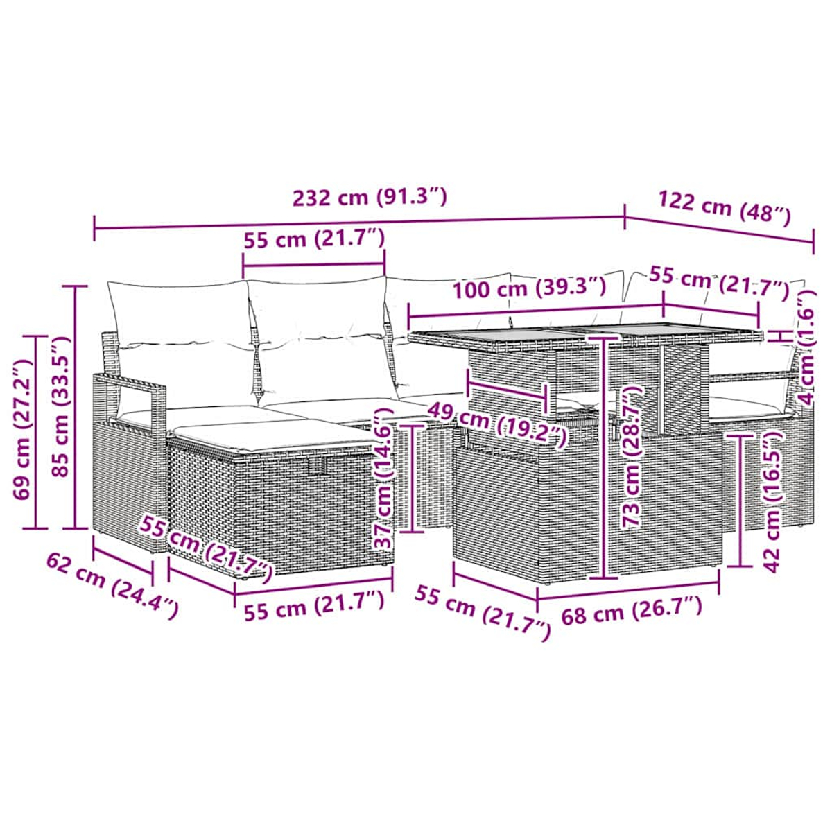 Geflochtenes Gartenmöbel-Set. Enthält ein Sofa, einen Tisch und einen Stuhl. Abmessungen sind mit Pfeilen gekennzeichnet.
