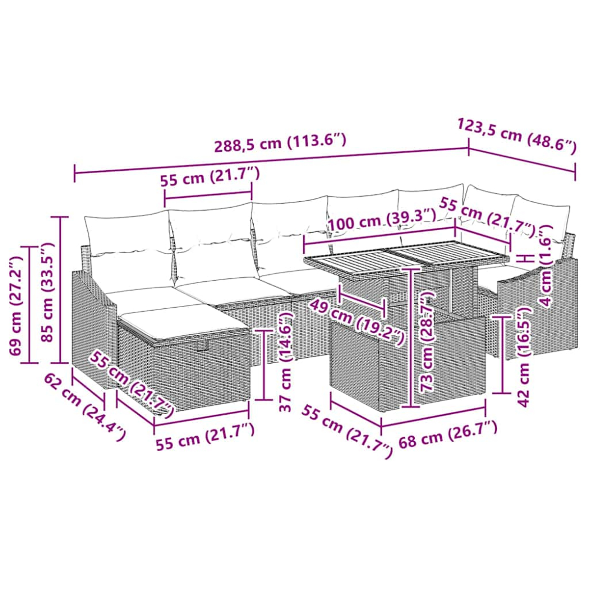 Geflochtenes Gartenmöbel-Set. Enthält ein Sofa, einen Tisch und einen Stuhl. Abmessungen sind mit Pfeilen gekennzeichnet.