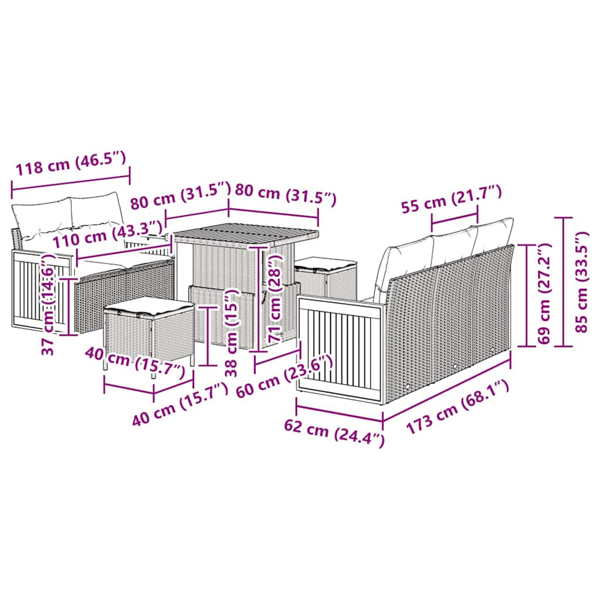 Set di mobili da esterno in vimini. Include un divano, un tavolo e due sgabelli. Le dimensioni sono indicate con frecce.
