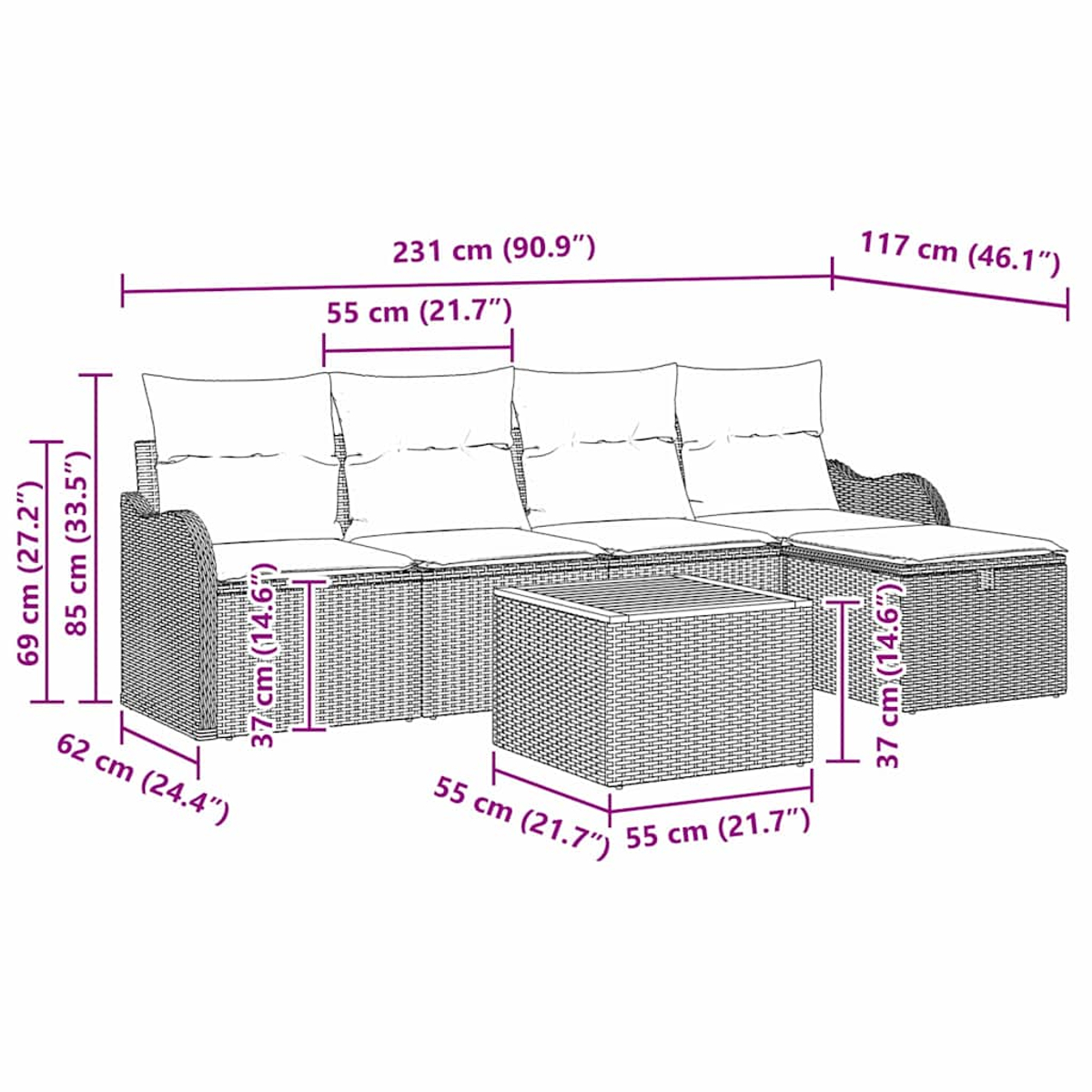 Rattan-Ecksofa für den Außenbereich mit Hocker und Maßangaben auf dem Bild.