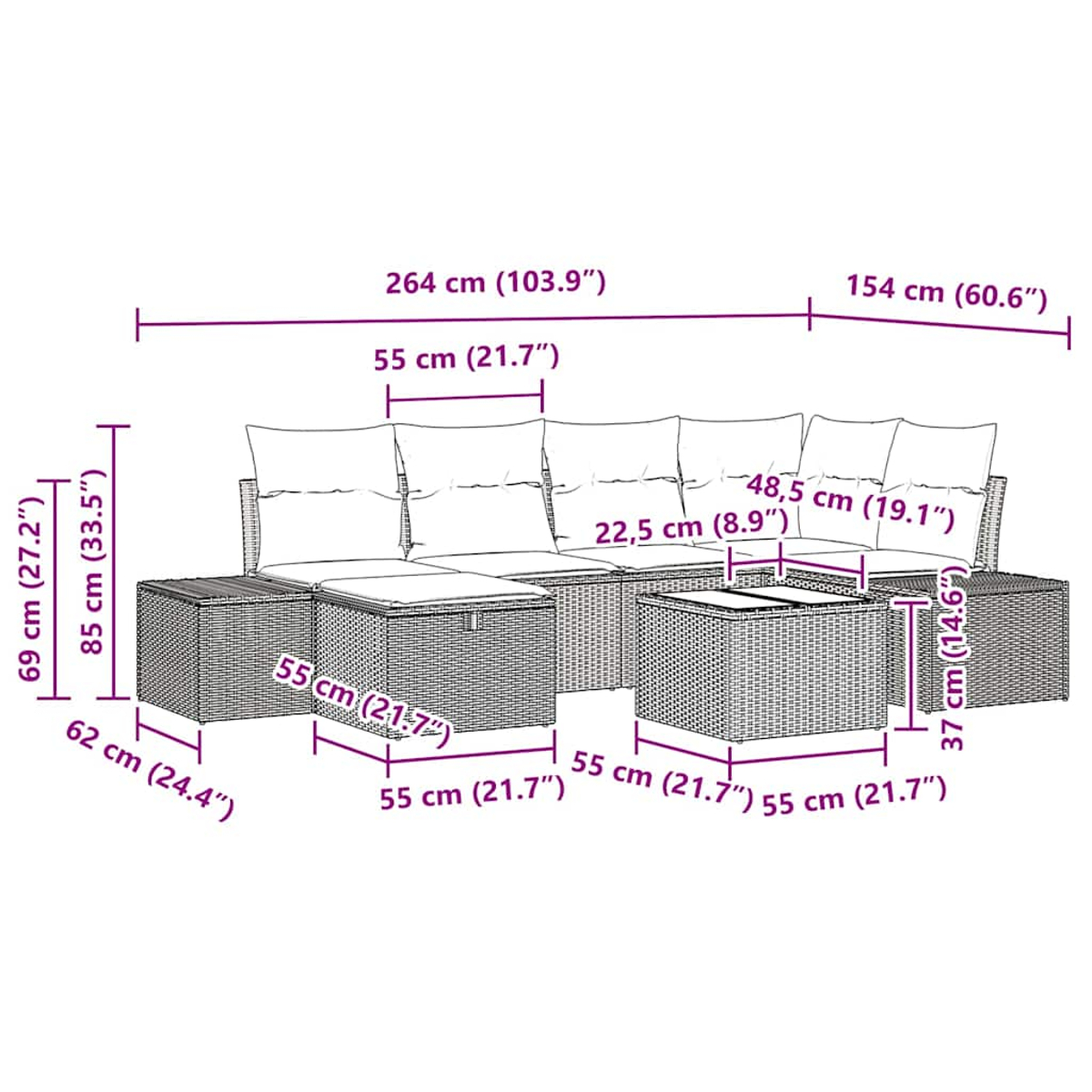 Rattan-Ecksofa-Set für den Außenbereich mit Maßen, einschließlich Tisch und Hocker.