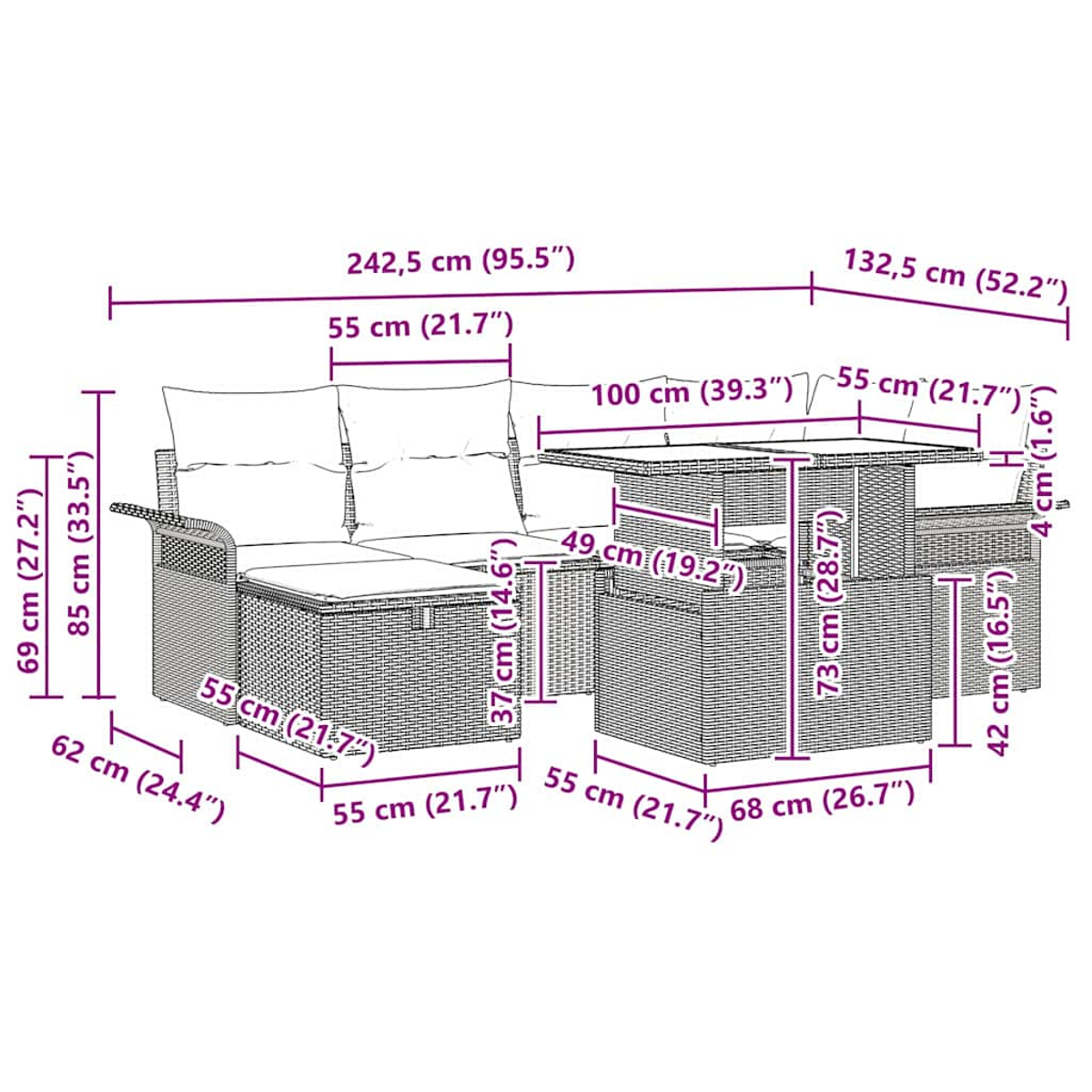 Geflochtenes Gartenmöbel-Set. Enthält ein Sofa, einen Tisch und einen Stuhl. Abmessungen sind mit Pfeilen gekennzeichnet.