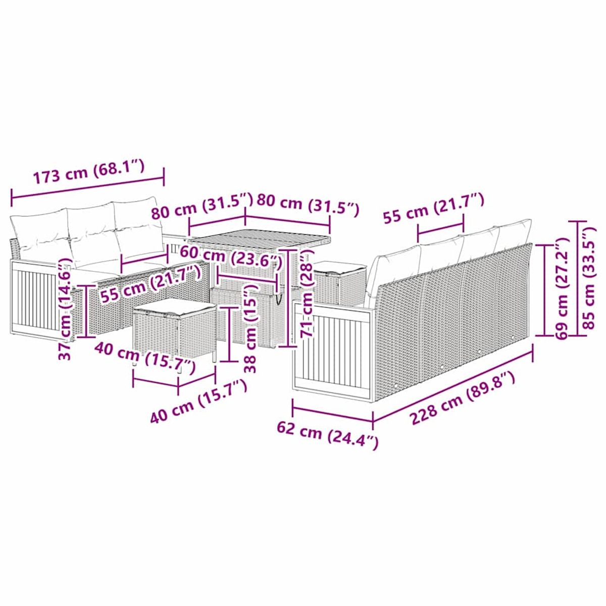Set di mobili da esterno in vimini. Include un divano, un tavolo e due sgabelli. Le dimensioni sono indicate con frecce.