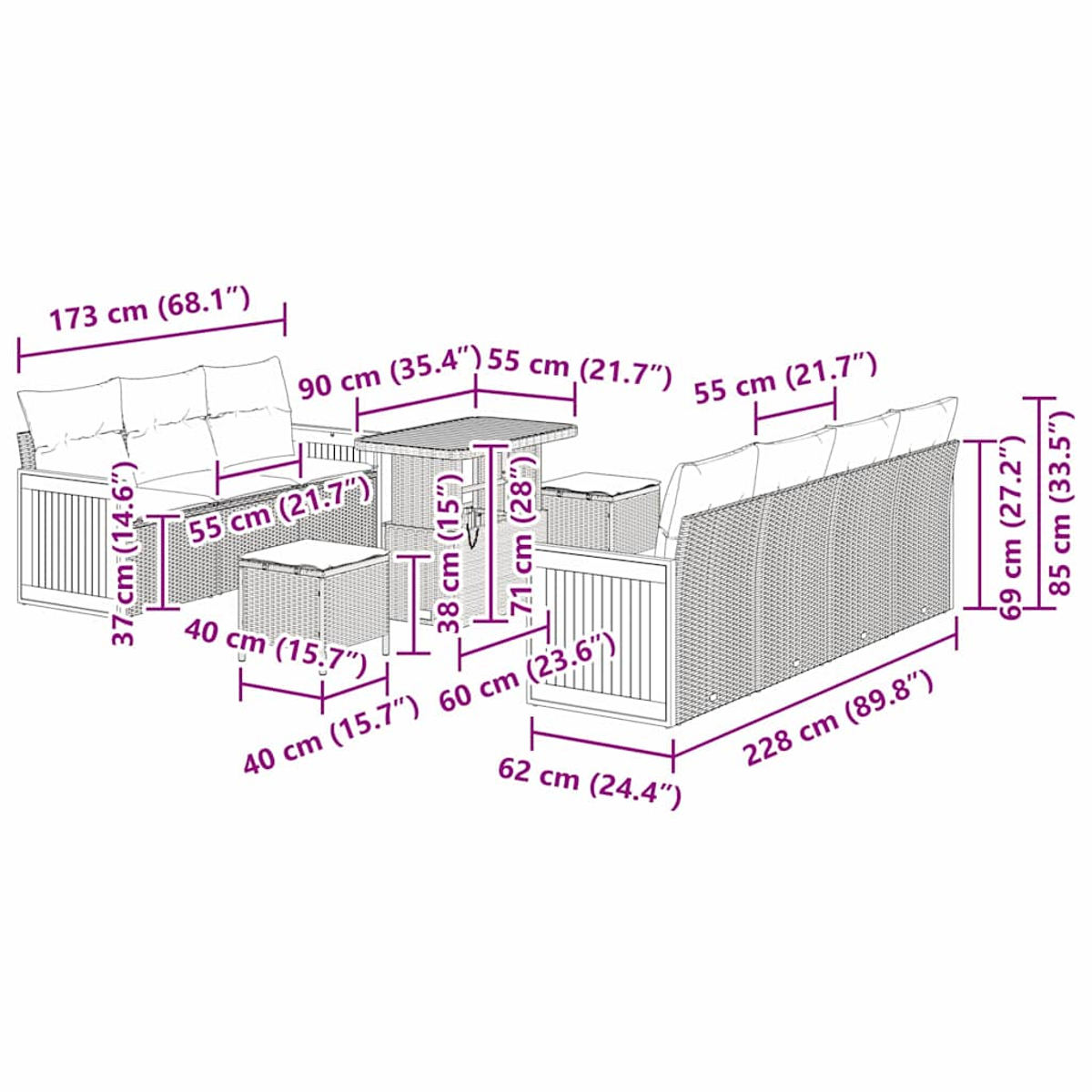 Set divano in rattan da esterno con tavolo e pouf, etichettato con dimensioni.
