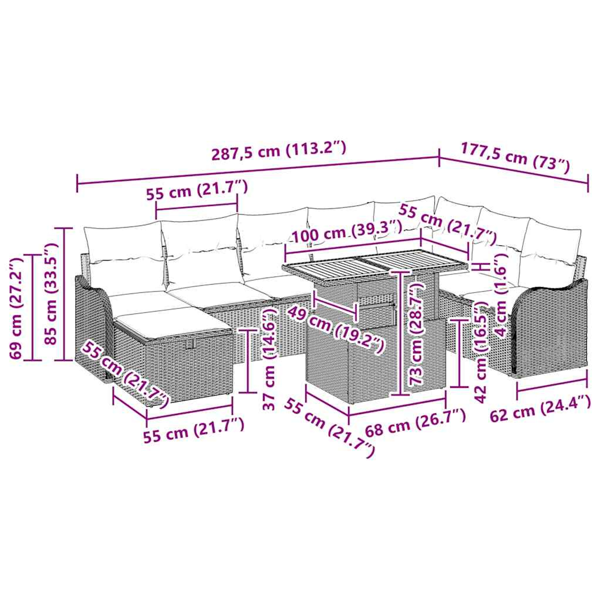 Ein Rattan-Ecksofa für den Außenbereich mit Tisch, mit Maßangaben auf dem Bild.
