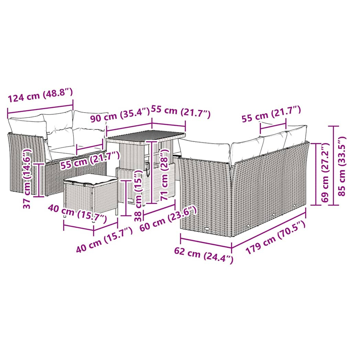 Rattan-Outdoor-Sofagarnitur mit Tisch und Hocker, mit Maßangaben.