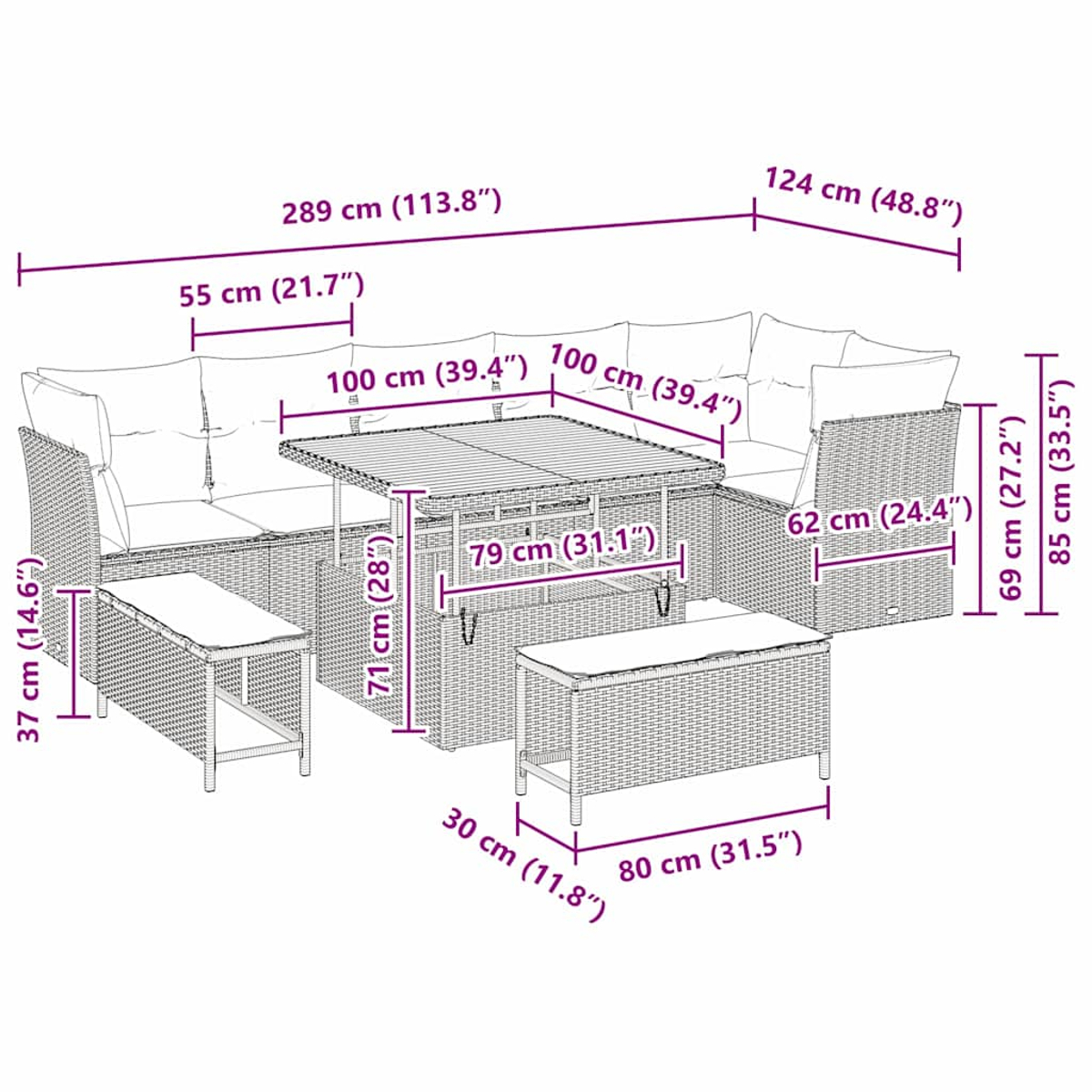 Rattan-Ecksofa-Set für den Außenbereich mit Maßen, einschließlich Tisch und Hocker.
