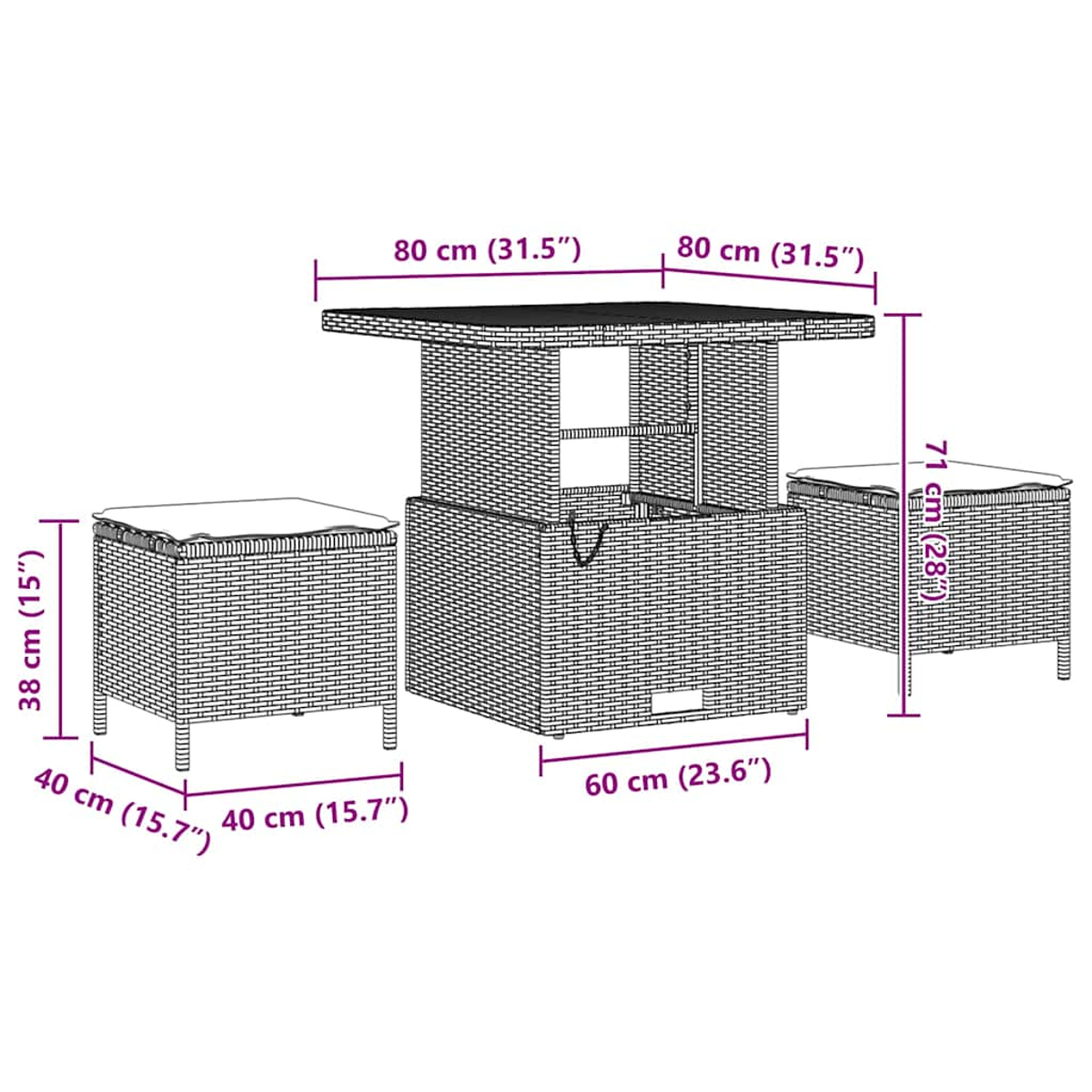 Set tavolo in rattan con due pouf, le dimensioni sono indicate nell'immagine.