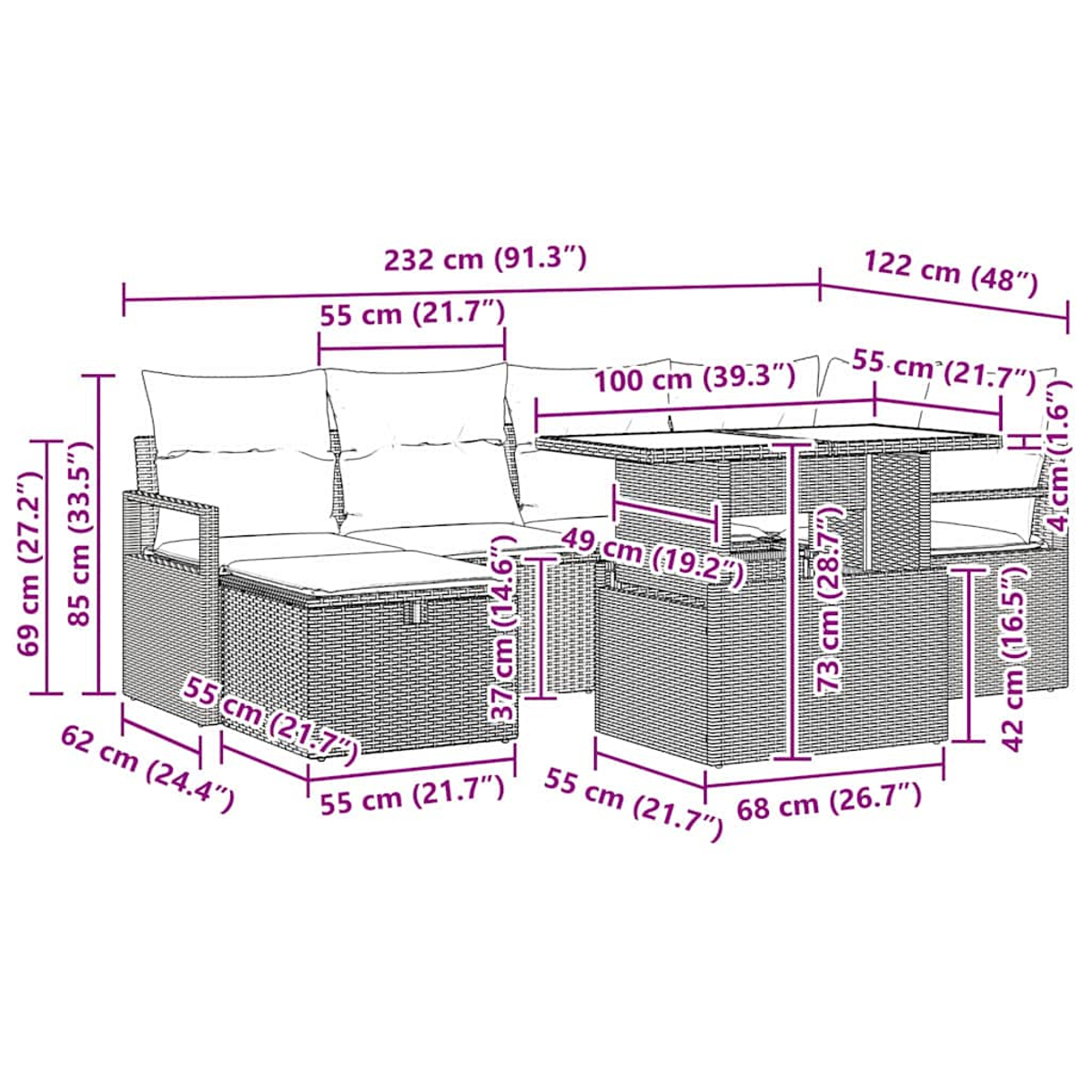 Terrassenmöbel-Set mit Tisch, zwei Sofas und einem Stuhl. Abmessungen sind angegeben.