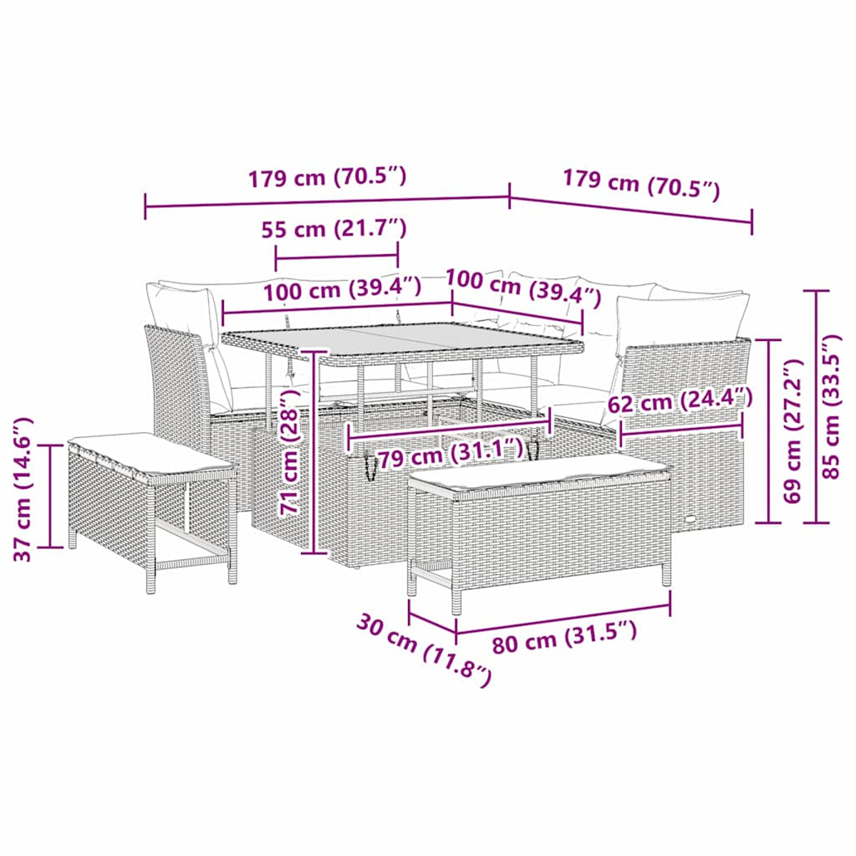 Ein Terrassenset mit Tisch, zwei Sofas, zwei Stühlen und einer Bank. Maße sind angegeben.