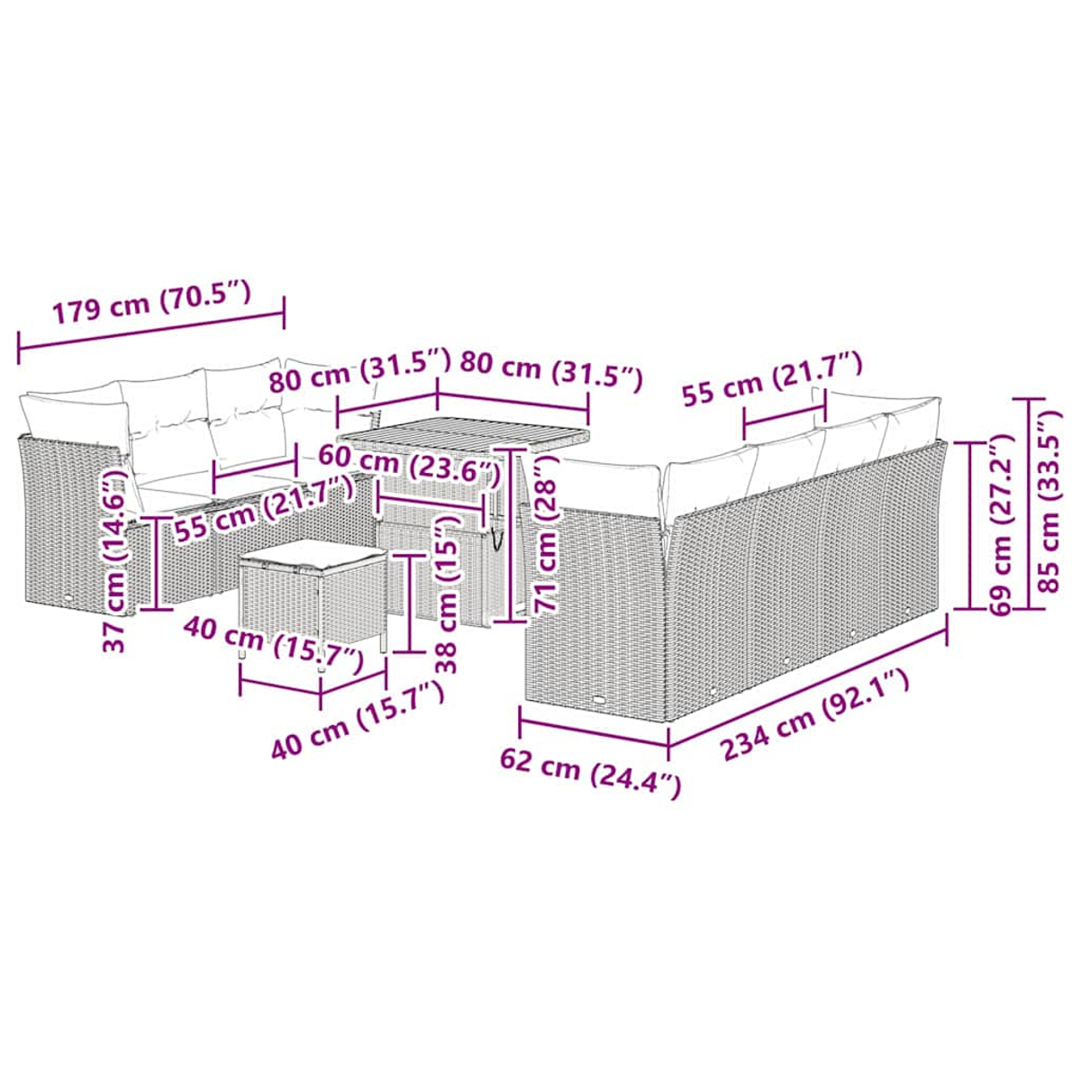 Set da patio con tavolo, due divani, due sedie e due pouf. Dimensioni fornite.