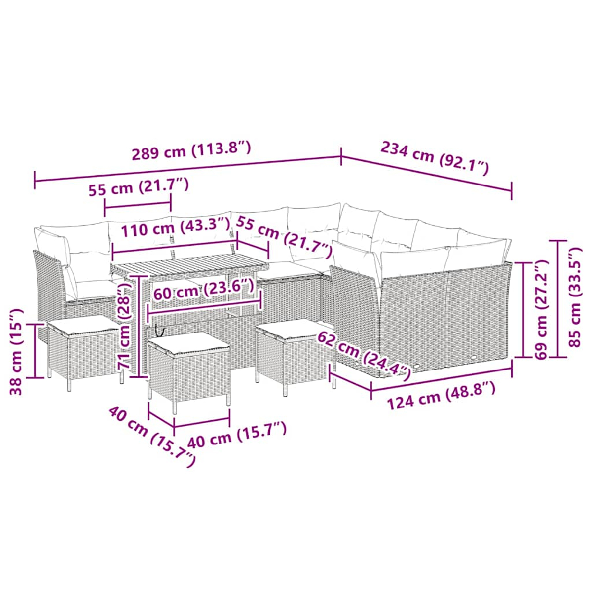 Terrassenset mit Tisch, zwei Sofas, zwei Stühlen und zwei Hockern. Maße sind angegeben.
