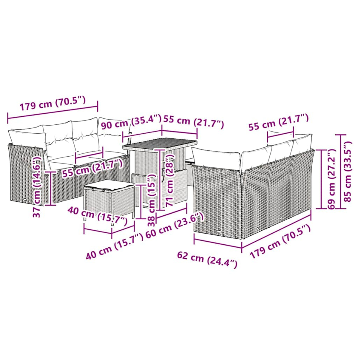 Terrassenset mit Tisch, Sofa, zwei Stühlen und zwei Hockern. Maße sind angegeben.
