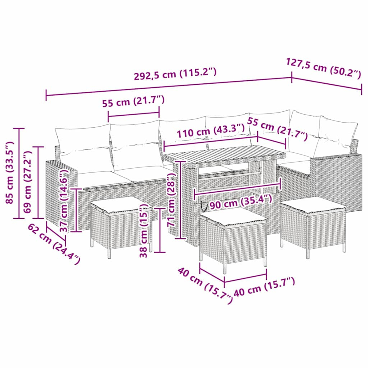 Juego de muebles de exterior de mimbre con mesa, sillas y cojines. Medidas etiquetadas.