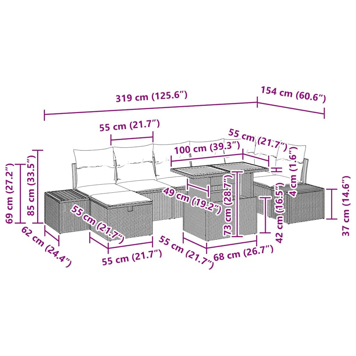 Gartenmöbel-Set aus Korbgeflecht mit Tisch, Stühlen und Kissen, mit Maßangaben.