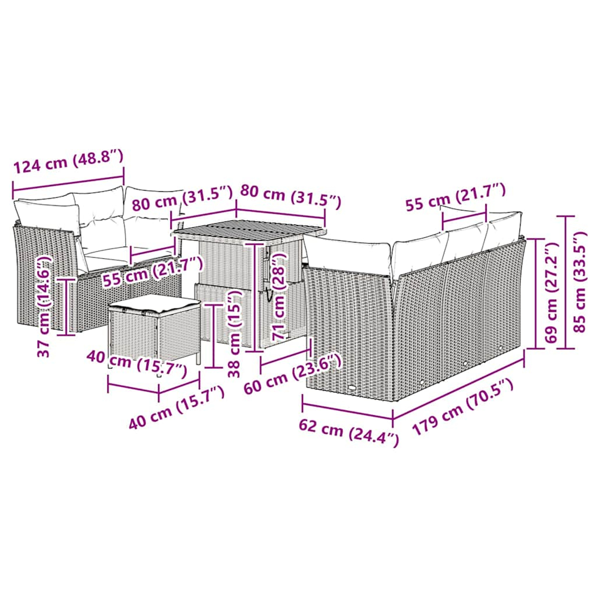 Gartenmöbel-Set aus Korbgeflecht mit Tisch, Stühlen und Kissen. Maße sind angegeben.