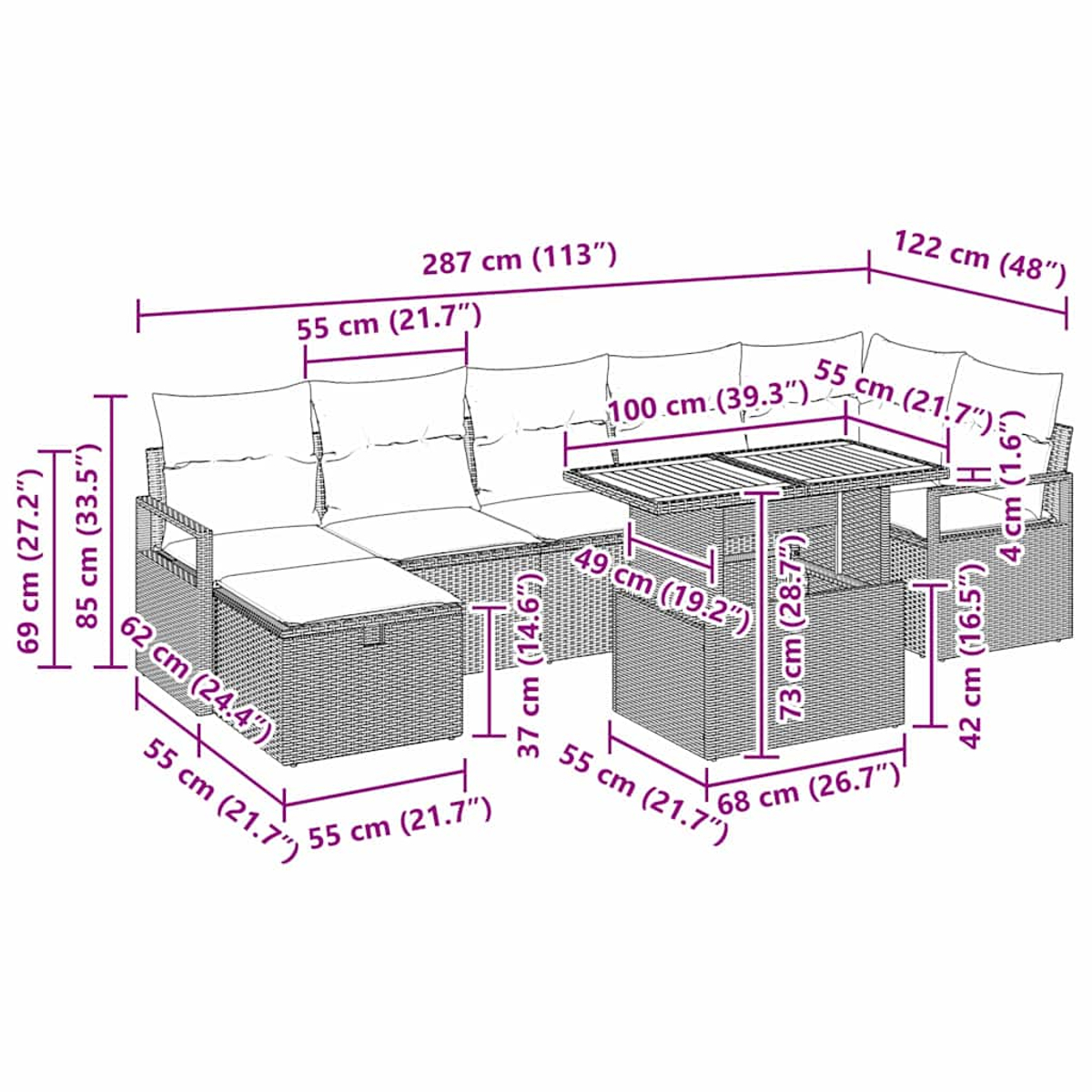 Gartenmöbel-Set aus Korbgeflecht, mit Tisch, Stühlen und Kissen. Maße sind angegeben.