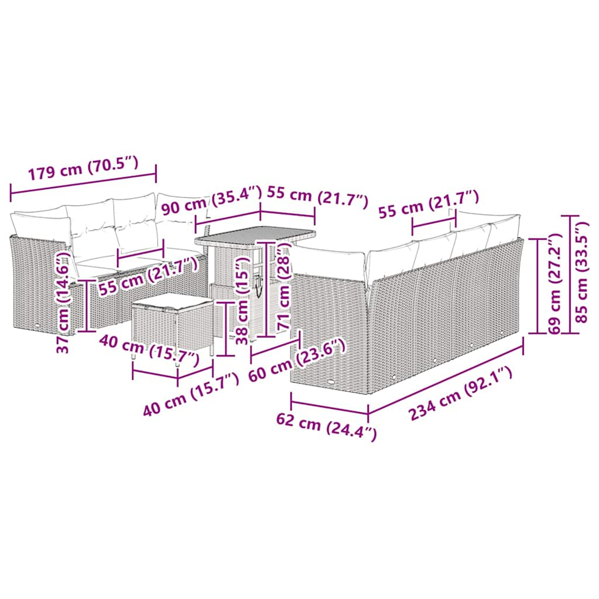 Set di mobili da esterno con tavolo, divani e pouf, dimensioni in centimetri.