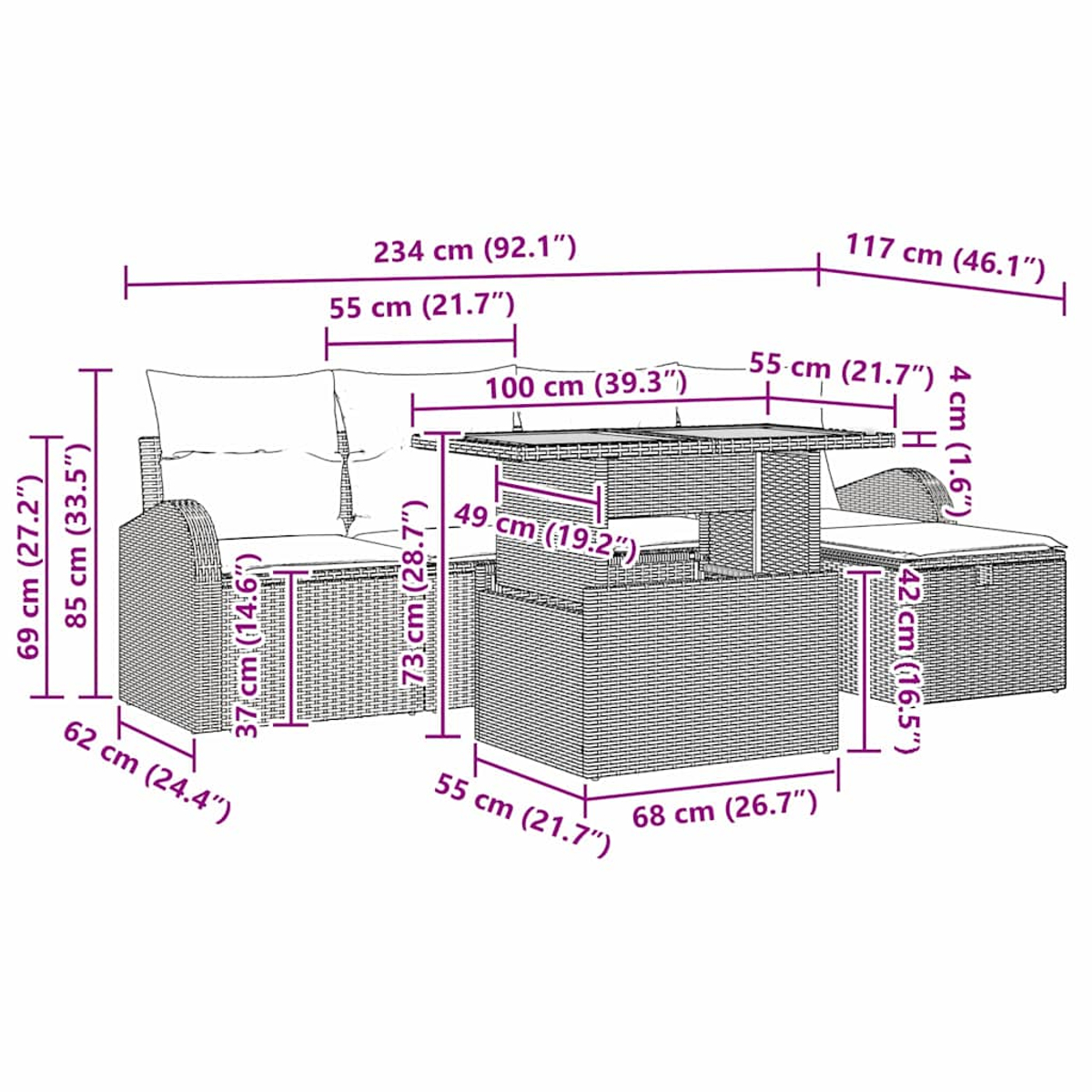 Gartenmöbelset mit Tisch, Sofas und Ottomane, mit Maßangaben in cm.