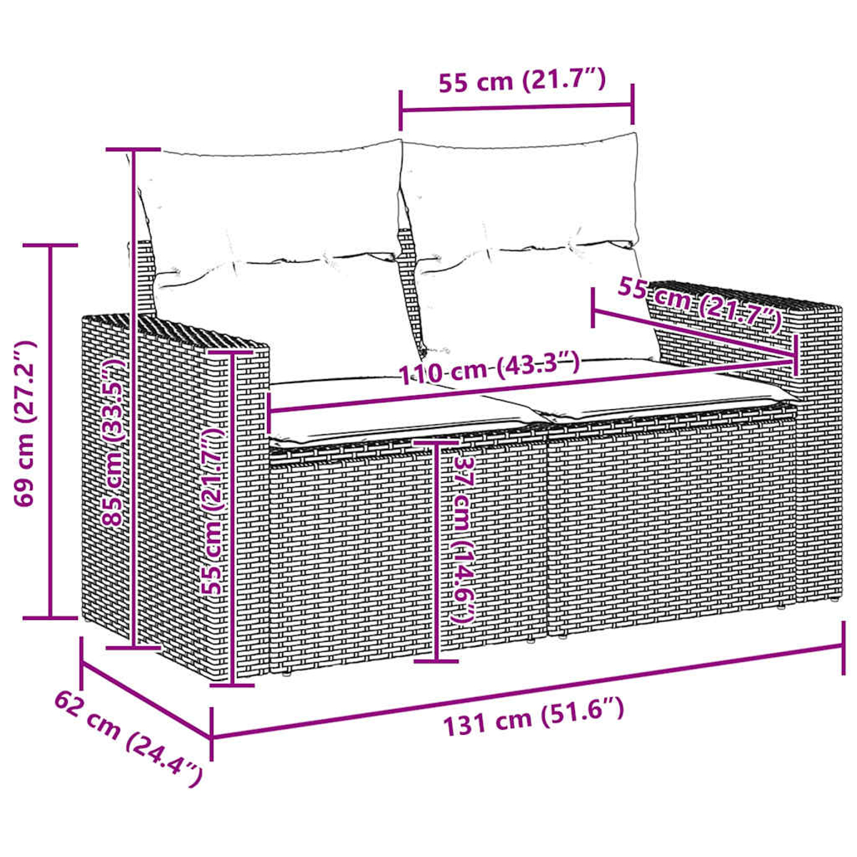 Divano da esterno con dimensioni in centimetri.