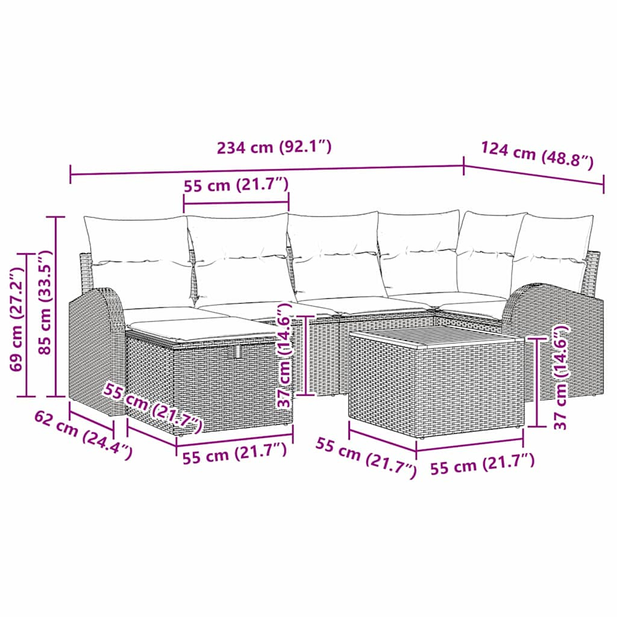 Das Bild zeigt die Abmessungen eines Outdoor-Ecksofas im Flechtstil mit Kissen.