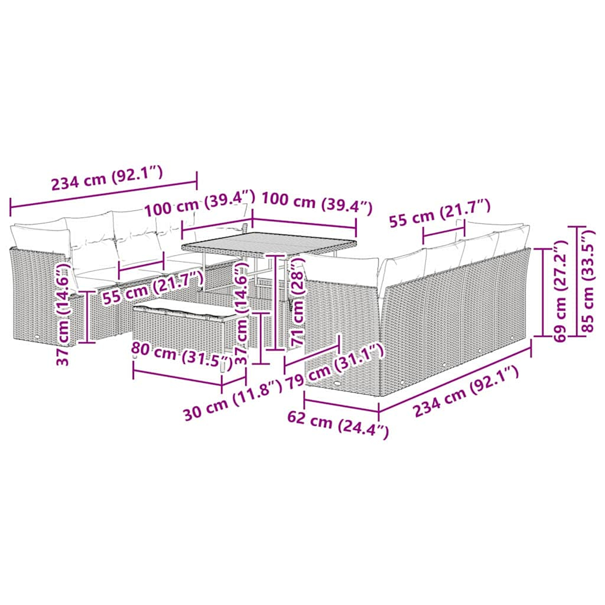 Gartenmöbelset mit Tisch und Sofas, mit Maßangaben in Zentimetern.