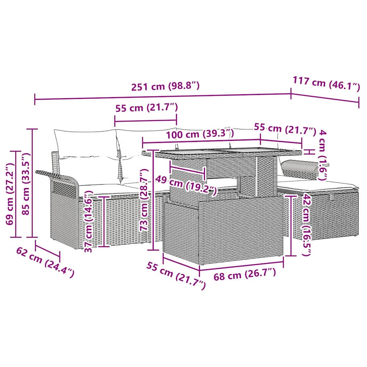 Gartenmöbelset mit Tisch, Sofas und Ottomane, Abmessungen in Zentimetern.