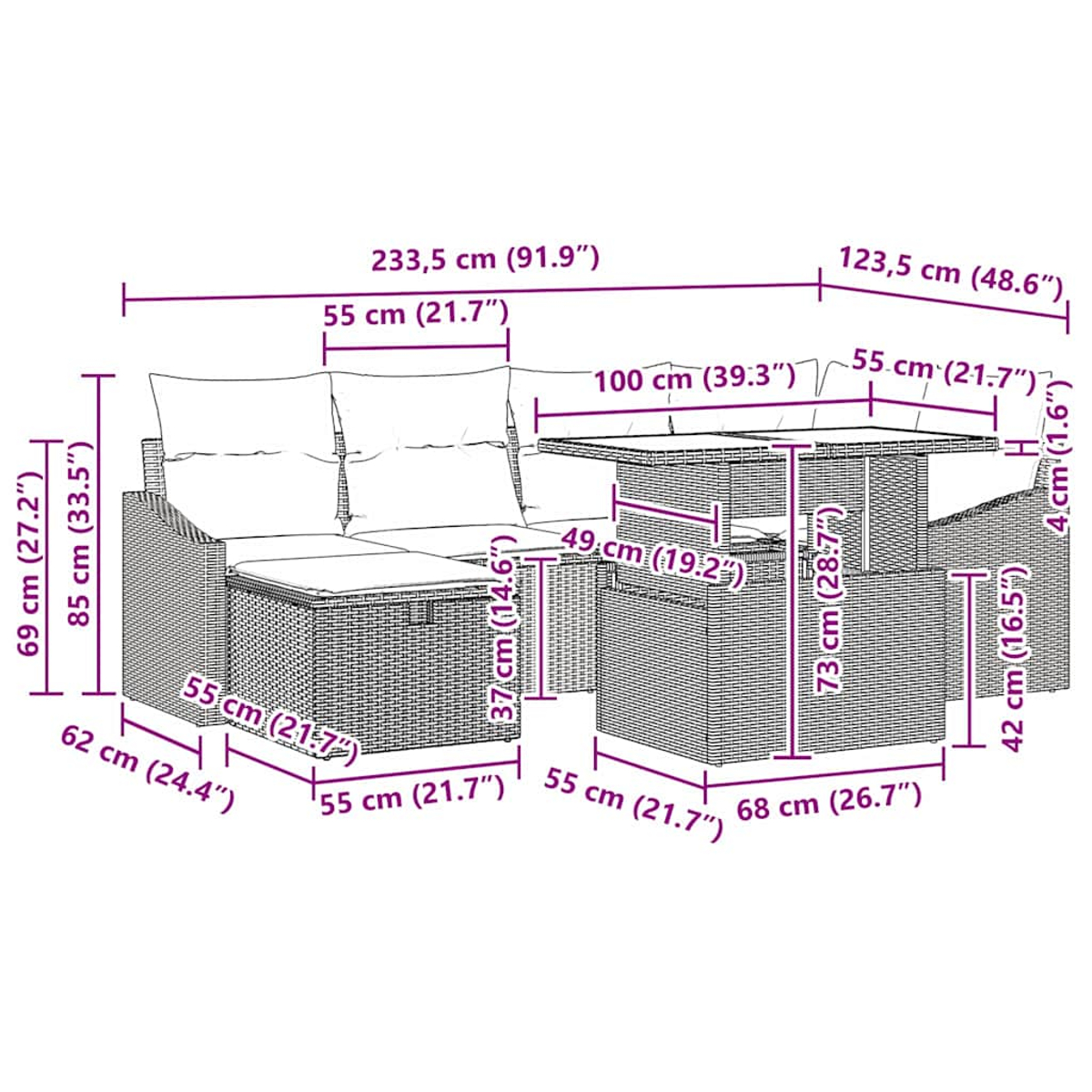 Gartenmöbelset mit Tisch, Sofas und Ottomane, Maße in Zentimetern.