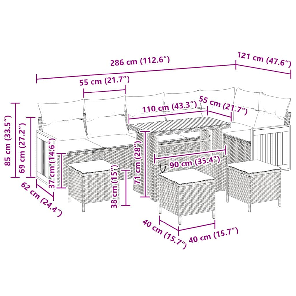 Gartenmöbelset mit Tisch, Sofas und Ottomanen, alle mit Maßangaben in cm.