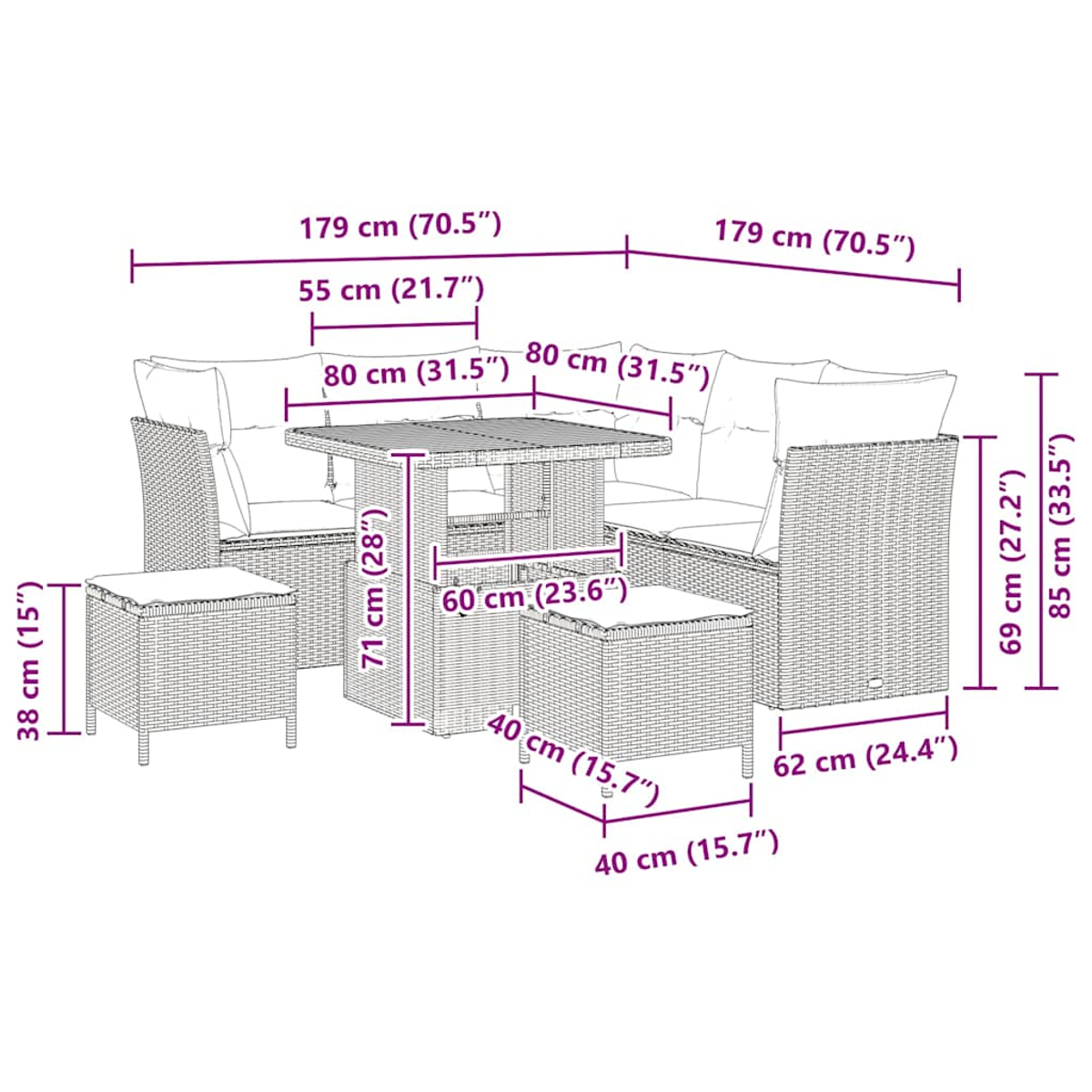 L'immagine mostra le dimensioni di un set da pranzo per esterni in vimini con cuscini.