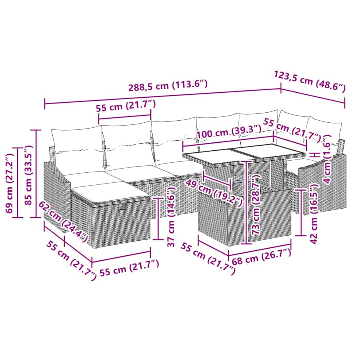 Outdoor-Ecksofa-Set mit Kissen, Tisch und Stühlen. Abmessungen sind beschriftet.