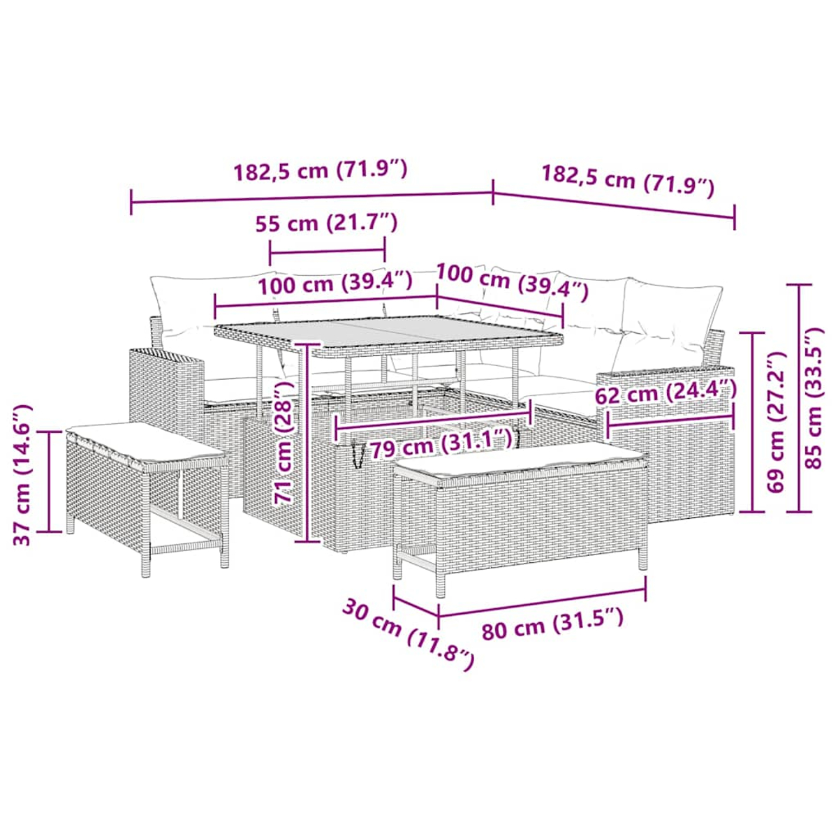 Outdoor-Ecksofa-Set mit Tisch und Sitzbank. Abmessungen sind beschriftet.