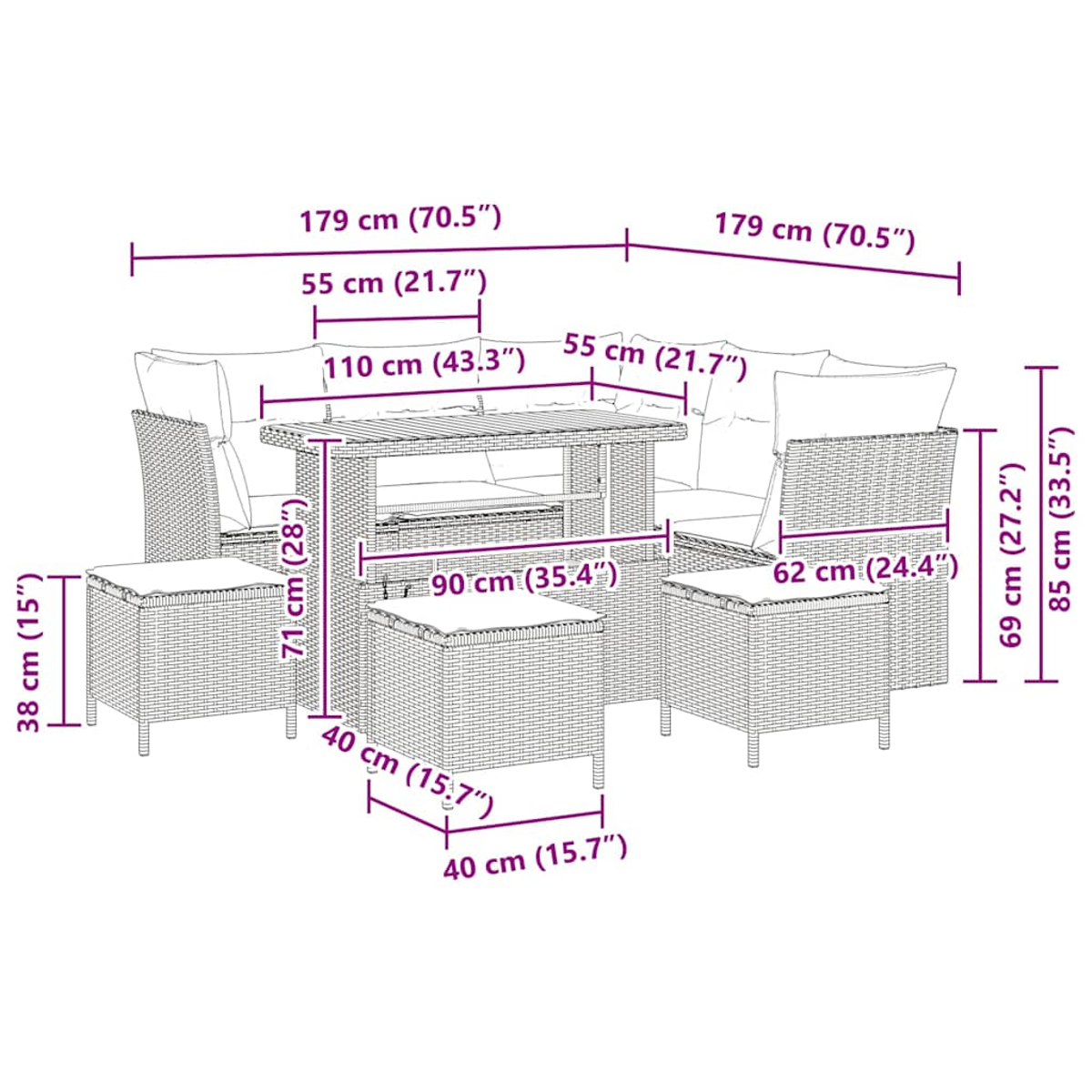 L'immagine mostra le dimensioni di un set da pranzo per esterni in vimini con cuscini.