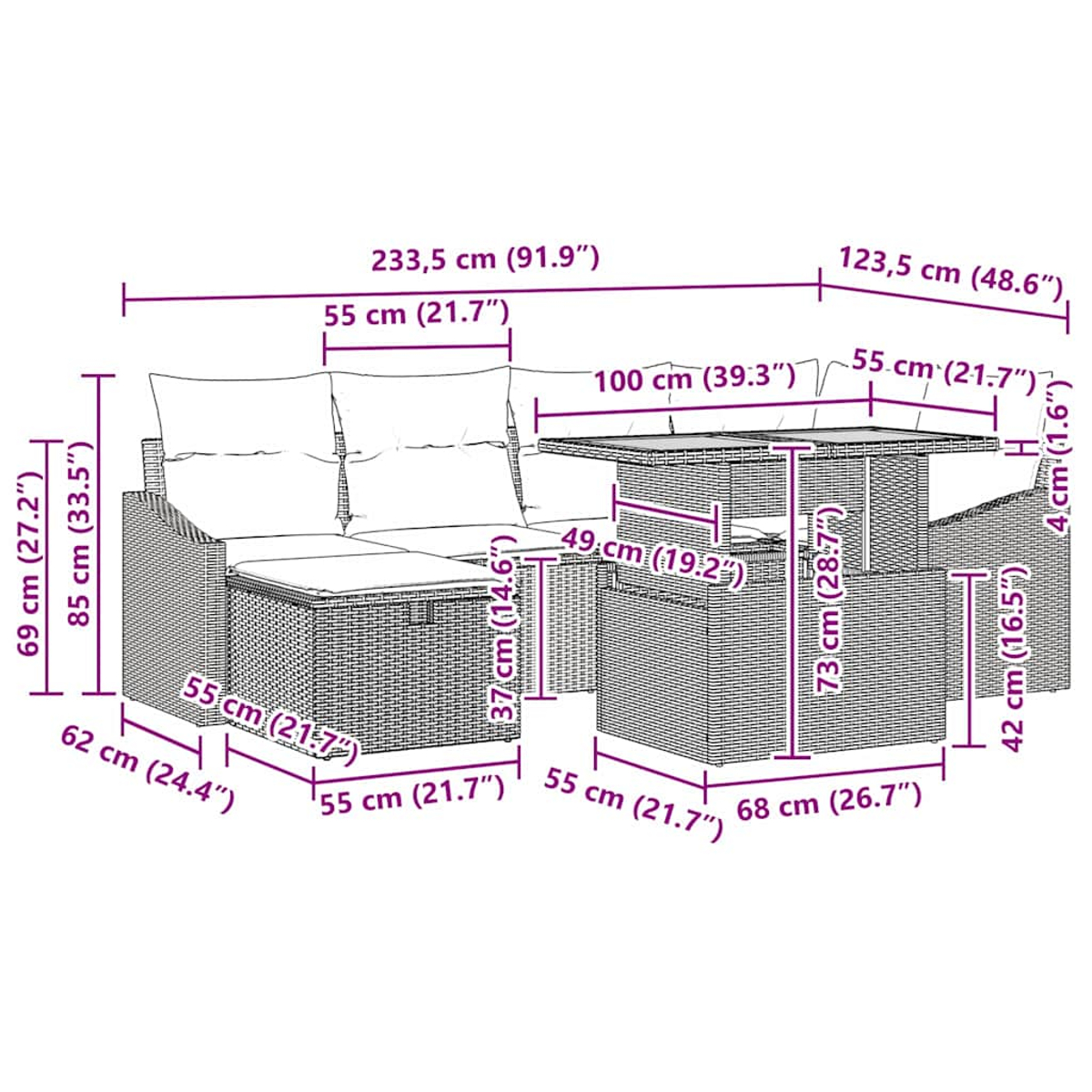 Outdoor-Ecksofa-Set mit Tisch und Stühlen. Abmessungen sind beschriftet.