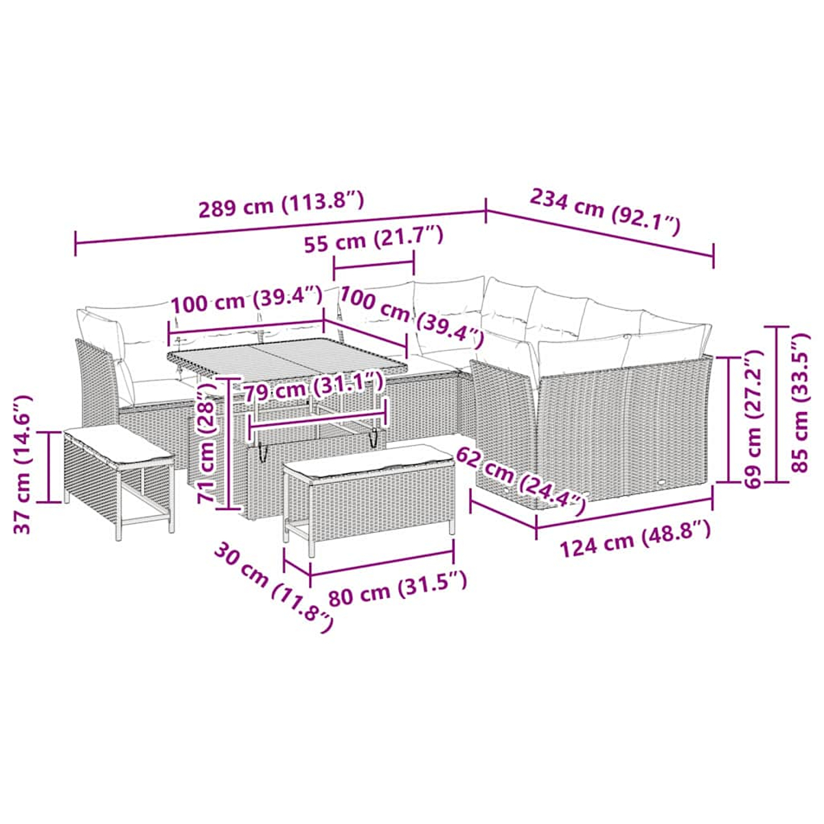 Outdoor-Ecksofa-Set mit Tisch und Sitzbank. Abmessungen sind beschriftet.