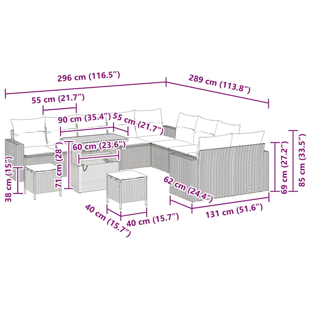 Outdoor-Ecksofa-Set mit Tisch und Hockern. Abmessungen sind beschriftet.