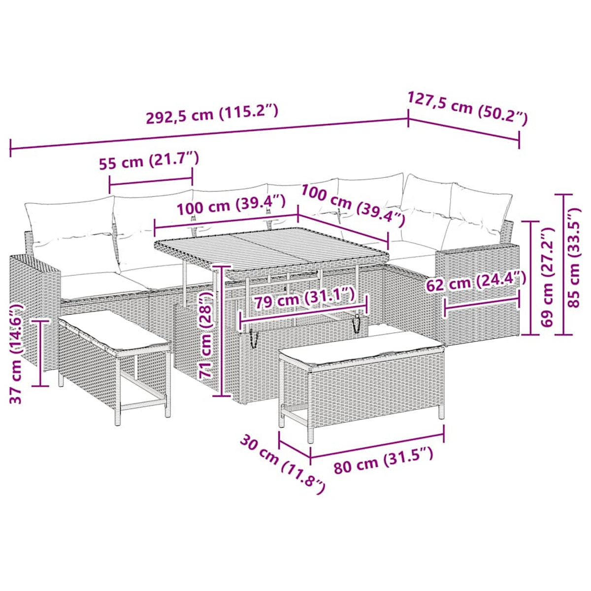 Diagramm eines Möbelsets, das die Abmessungen von Sofa, Tisch und Bank zeigt.