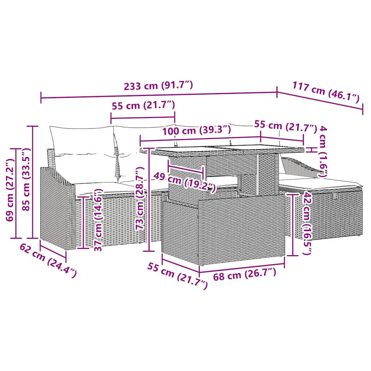 Gartenmöbel-Set aus Korbgeflecht mit Sofa, Ottomanen und Tisch, alles in Brauntönen, mit Kissen und Maßangaben.