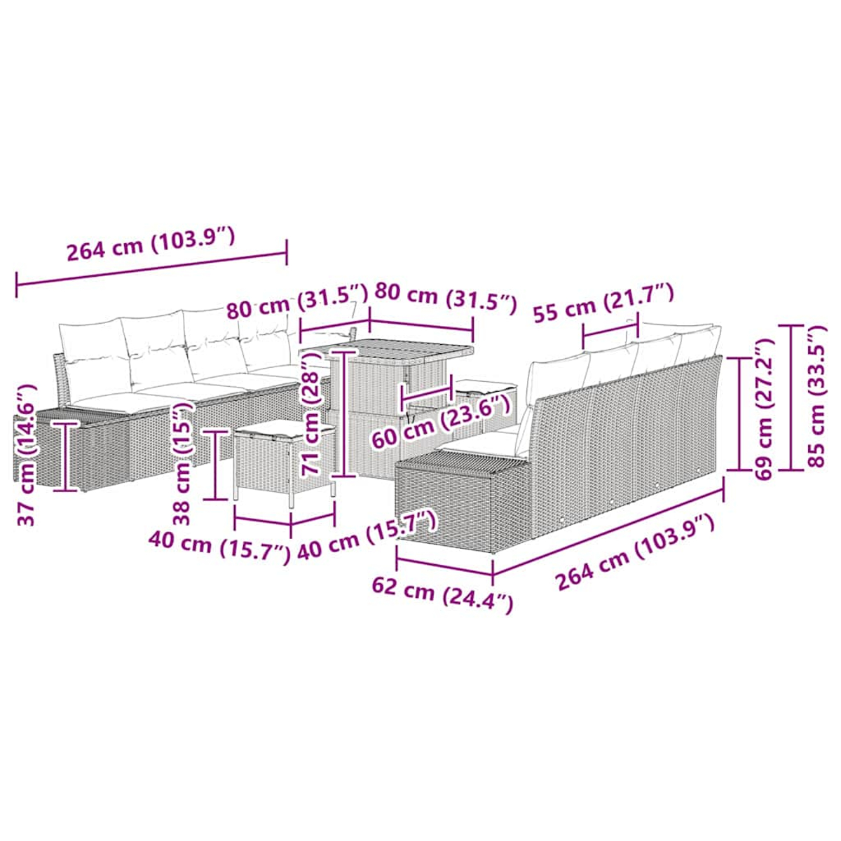Gartenmöbel-Set aus Korbgeflecht mit Sofa, Stühlen und Tisch, alles in Brauntönen, mit Kissen und Maßangaben.