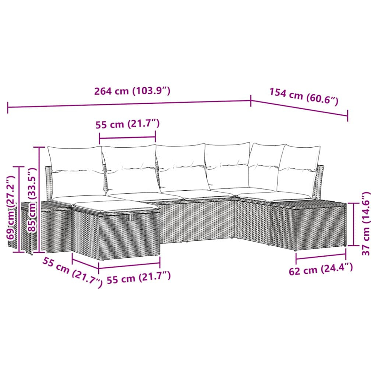Ein Rattan-Outdoor-Ecksofa mit Kissen. Maße sind markiert.