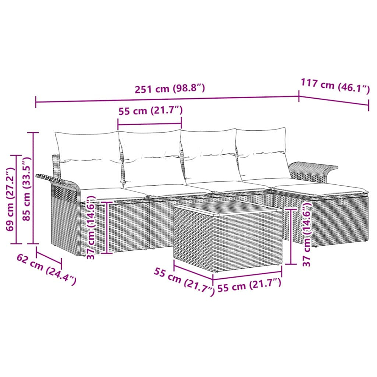 Ein Rattan-Outdoor-Ecksofa mit Beistelltisch und Kissen. Maße sind markiert.