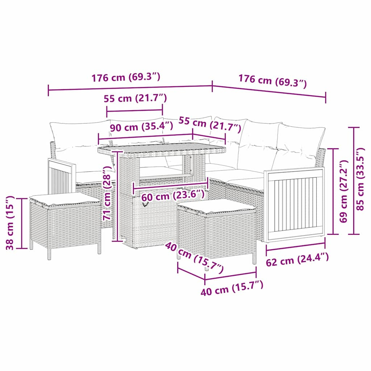 Gartenmöbel-Set aus Korbgeflecht mit Sofa, Stühlen und Tisch, alles in Brauntönen, mit Kissen und Maßangaben.