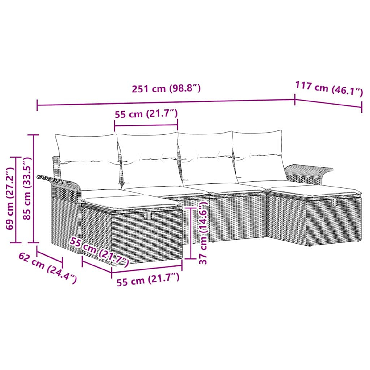 Ein Rattan-Outdoor-Ecksofa mit Beistelltisch und Kissen. Maße sind markiert.