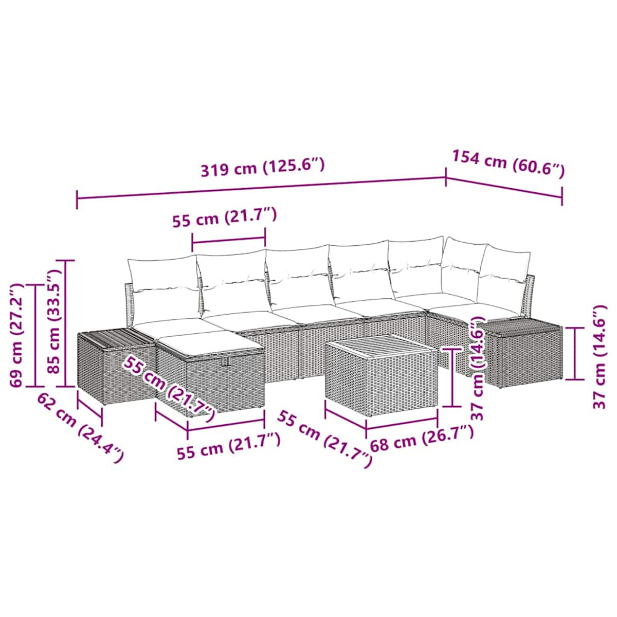 Ein Rattan-Outdoor-Ecksofa mit Beistelltisch und einem quadratischen Tisch. Maße sind markiert.