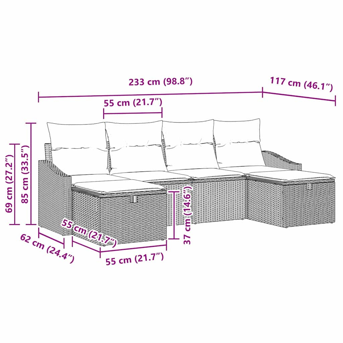 Ein Rattan-Outdoor-Ecksofa mit Kissen. Maße sind markiert.