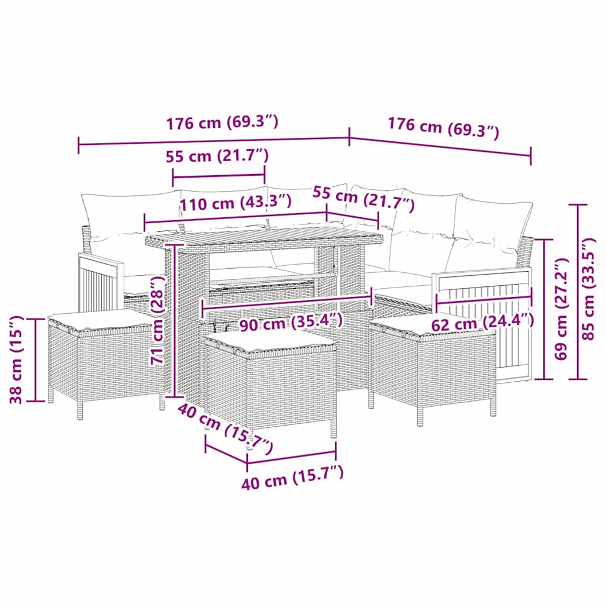 Ein Rattan-Outdoor-Ecksofa-Set mit Tisch und zwei Hockern. Maße sind markiert.